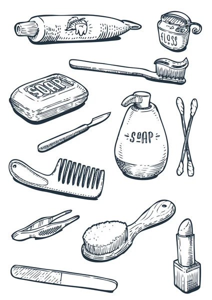 Juego de herramientas de higiene y baño en vintage — Vector de stock