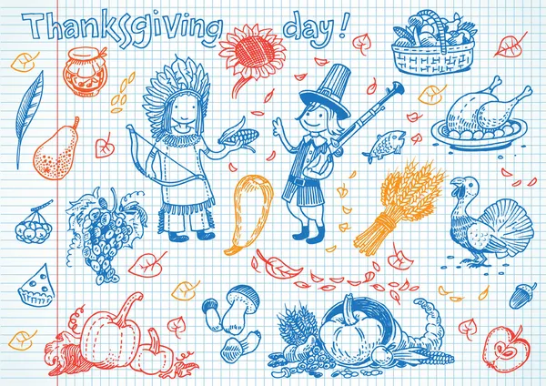 Dia de Ação de Graças doodles divertidos — Vetor de Stock