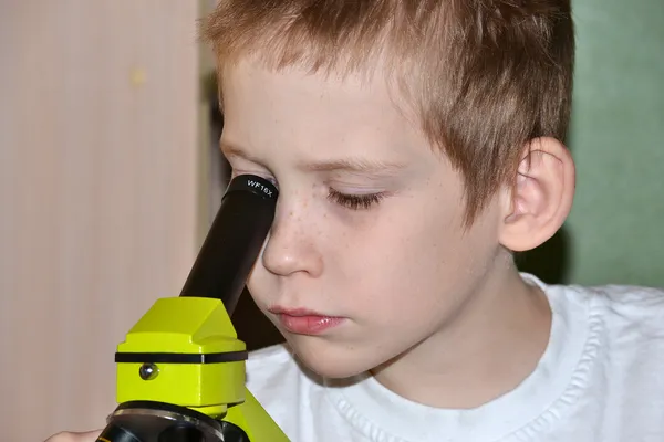 The boy looks in a microscope — Stock Photo, Image