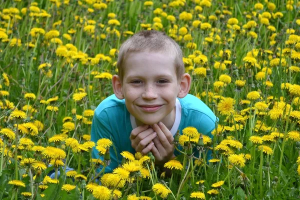 The boy on a clearing from dandelions — Stock Photo, Image