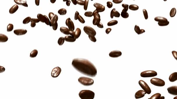 Kaffebönor flöde med långsam rörelse över vita — Stockvideo