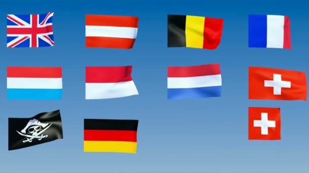 Banderas de Europa Occidental. Canal alfa está incluido — Vídeo de stock