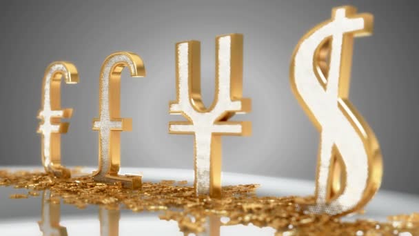 Gouden dollar, pond, euro en yen - focus en dof wijzigen — Stockvideo