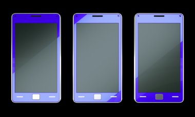 üç akıllı telefonlar üzerinde siyah mavi renkte
