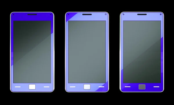 Trois téléphones intelligents de couleur bleue sur noir — Photo