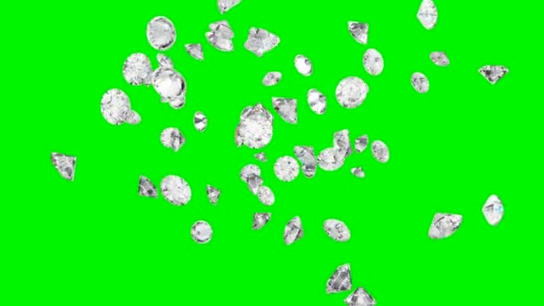 Διαμάντια sdiamonds καρδιά καρδιά σχήμα συναρμολόγηση και εκρήγνυται με αργή κίνηση πάνω από την πράσινη οθόνη — Αρχείο Βίντεο