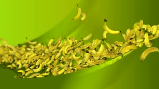 Flying bananas over green waves. Stock Video