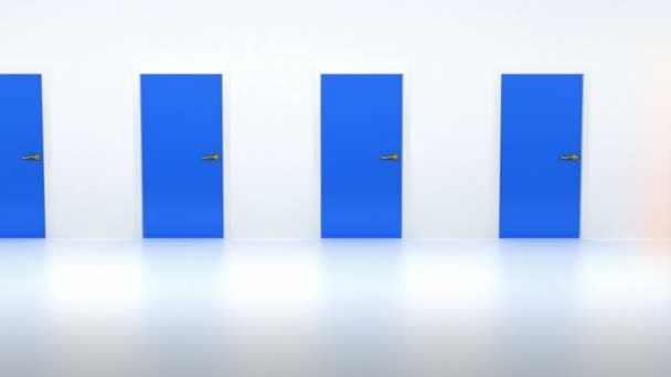 Right decision: red door among blue. — Stock Video