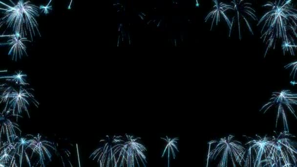 Aufklappbarer blauer Feuerwerksrahmen über schwarz. — Stockvideo