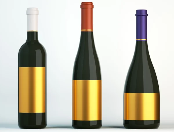 Three bottles for wine with blank golden labels — Stock Photo, Image