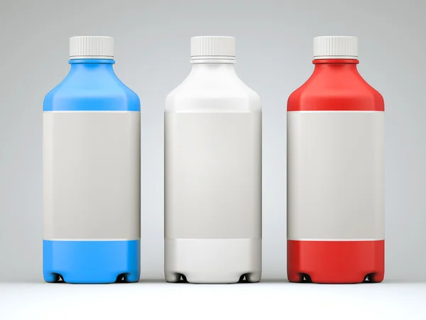 Three colorful bottles for chemicals or drugs — Stock Photo, Image