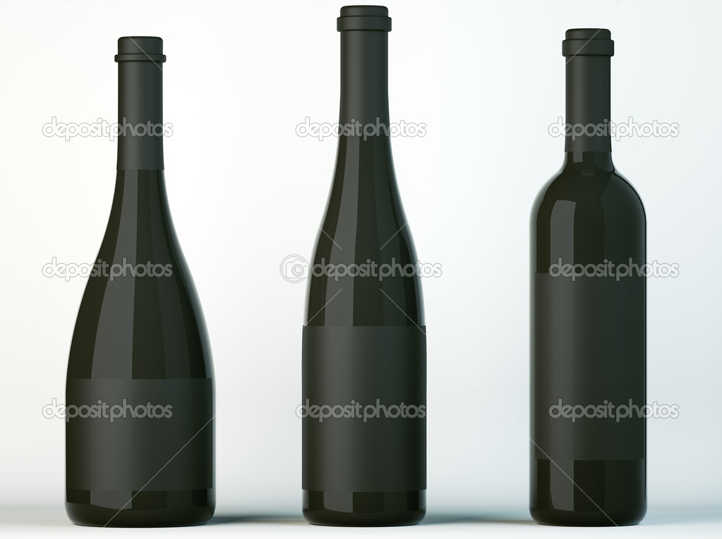 Three corked bottles for wine with black labels