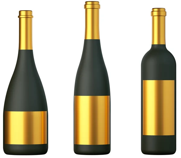 Three black bottles for wine with golden labels isolated — Stock Photo, Image