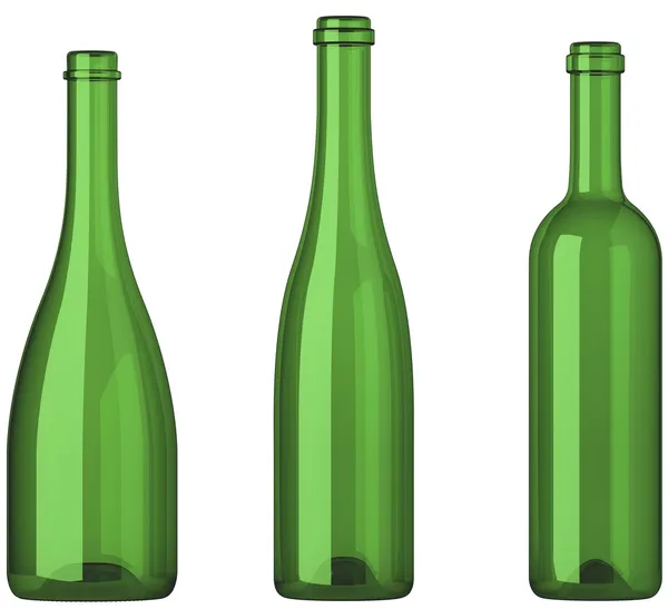 Tři prázdné Odzátkovala lahví na víno, samostatný — Stock fotografie