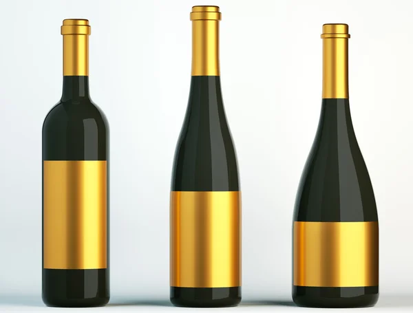 Tre bottiglie nere per vino con etichette dorate — Foto Stock