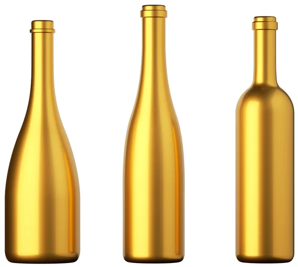 Three golden bottles for wine or beverages isolated — Stock Photo, Image