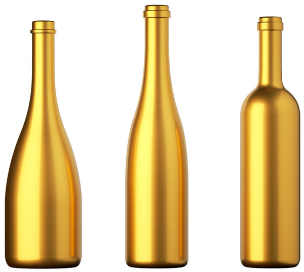 Three golden bottles for wine or beverages isolated