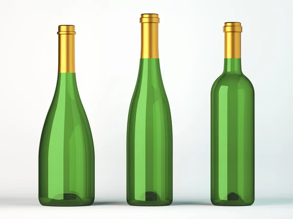 Tres botellas verdes para vino con etiquetas doradas — Foto de Stock