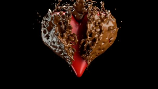 Red heart shape and hot chocolate splashes, slow motion — Stock Video