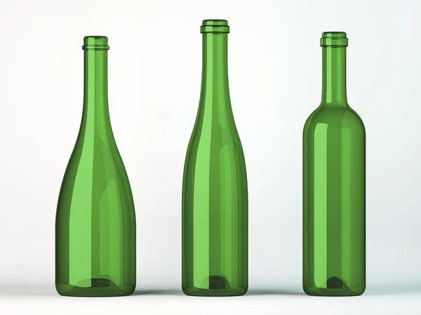 Tres botellas vacías descorchadas para vino — Foto de Stock