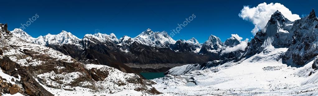 Panoramic view of Himalaya peaks: Everest, Lhotse, Nuptse and ot
