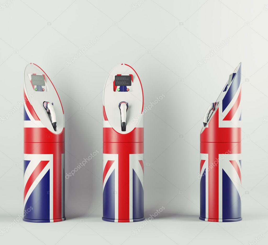 Eco fuel: three charging stations with Union Jack flag pattern
