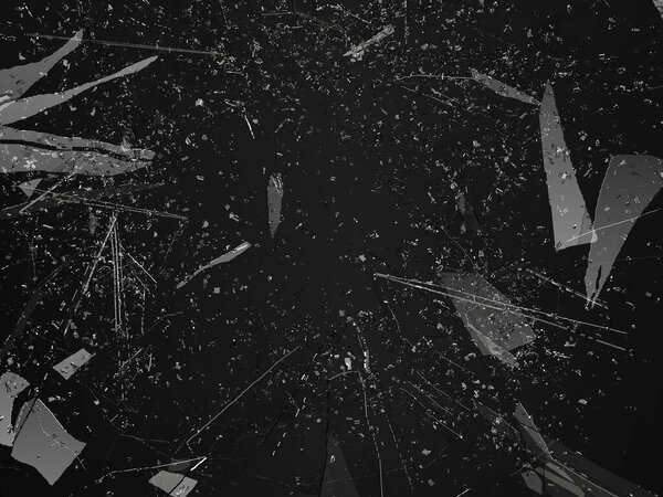 Pieces of shattered glass broken or cracked on black background, 3d illustration; 3d rendering