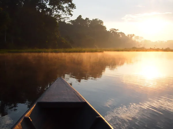 Amazon rainforest gündoğumu tekne ile — Stok fotoğraf