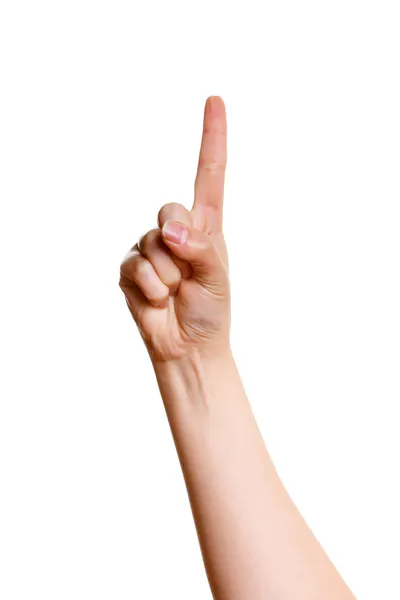 Kvinnliga handen pekande finger upp — Stockfoto