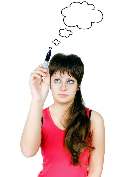 Girl drawing clouds thinking — Stock Photo, Image