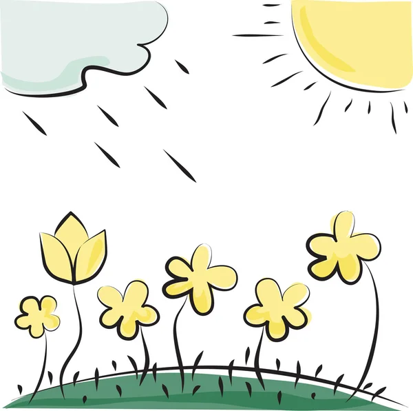 Fleurs vectorielles, soleil et nuages. Imitation de dessins pour enfants — Image vectorielle