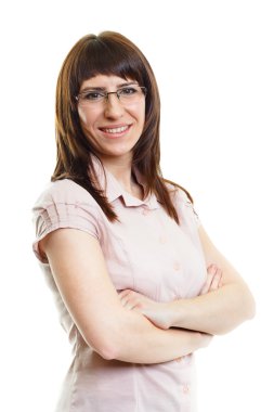 Kendine güvenen kız beyaz zemin üzerine gözlük gülümseyen