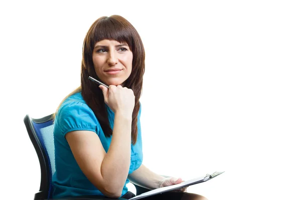 Attractive girl with a folder on a white background — Stock Photo, Image