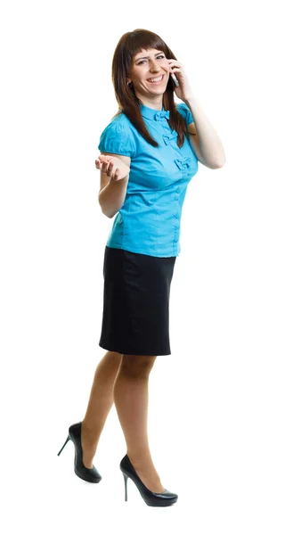 Smiling attractive girl talking on the phone on the move on a wh — Stock Photo, Image