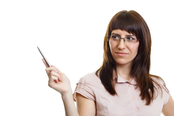 Young attractive girl with glasses with a pointer — Stock Photo, Image