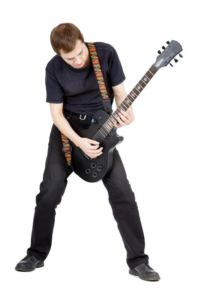 Mann auf weißem Hintergrund. Performer mit E-Gitarre — Stockfoto