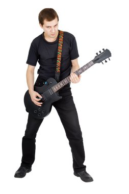 elektro gitar beyaz zemin üzerine izole genç adamla. ücret