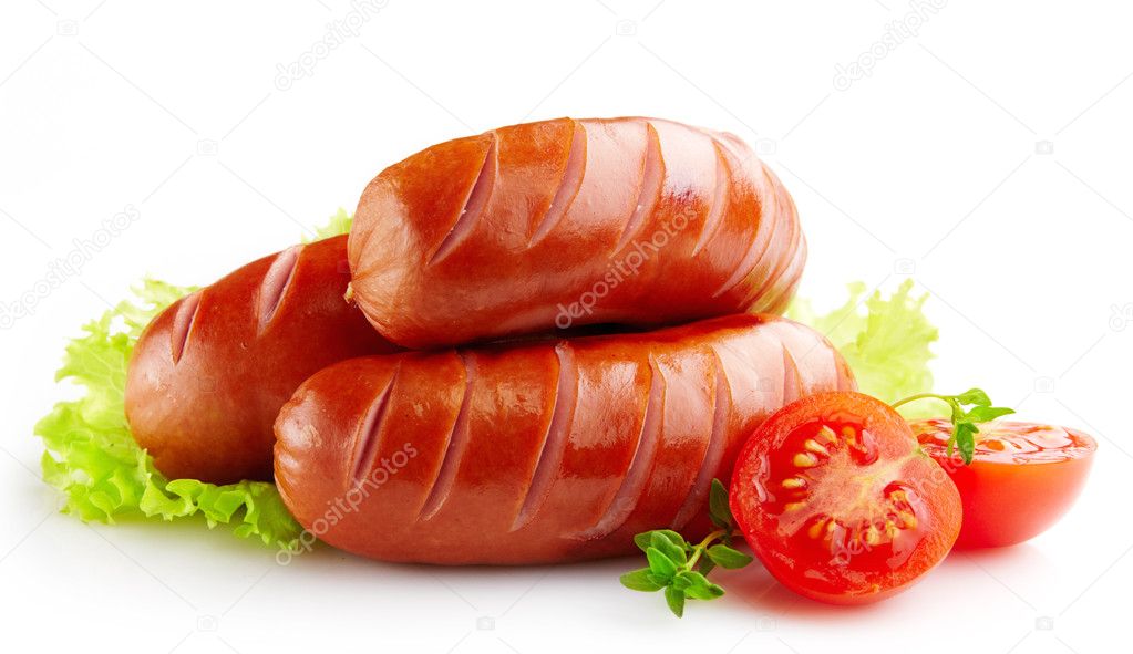 Grilled sausages on white background