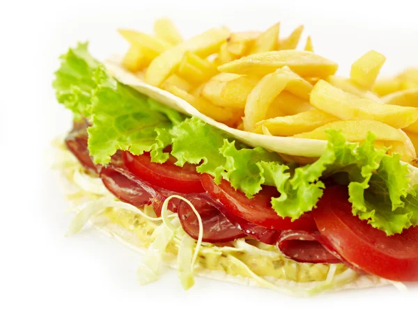 Kebab sandwich and french fries — Stock Photo, Image