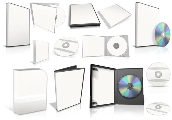 White multimedia disks and boxes on white background — Stock Photo, Image