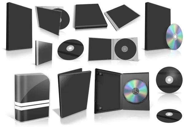 Black multimedia disks and boxes on white — Stock Photo, Image