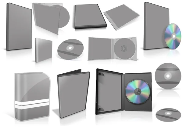 Grey multimedia disks and boxes on white — Stock Photo, Image