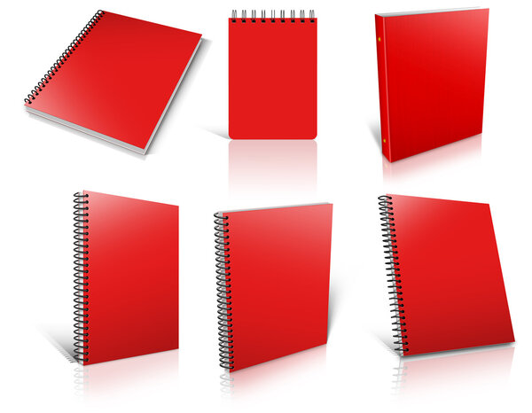 Six red spiral blank notepad on white.