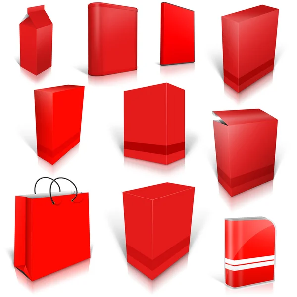 Diez cajas rojas en blanco aisladas en blanco — Foto de Stock
