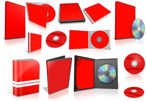 Red multimedia disks and boxes on white — Stock Photo, Image