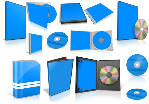 Blue multimedia disks and boxes on white — Stock Photo, Image