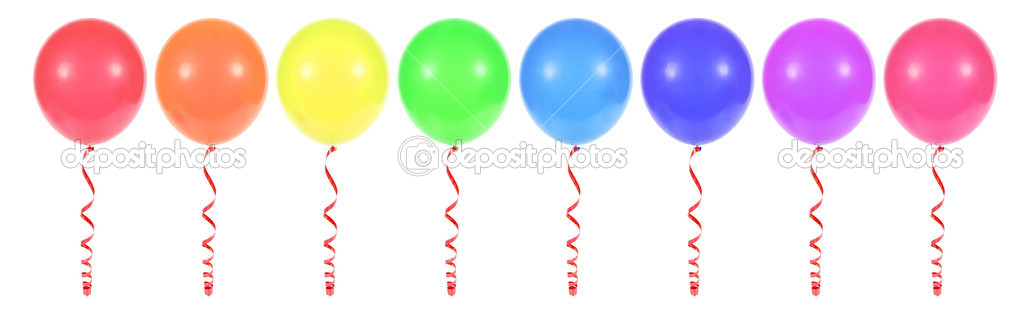 multicolored balloons tied with red ribbon
