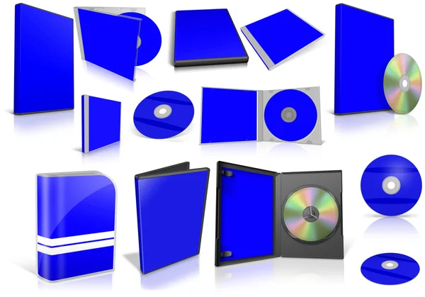 Modré multimediální disky a boxy na bílém pozadí — Stock fotografie