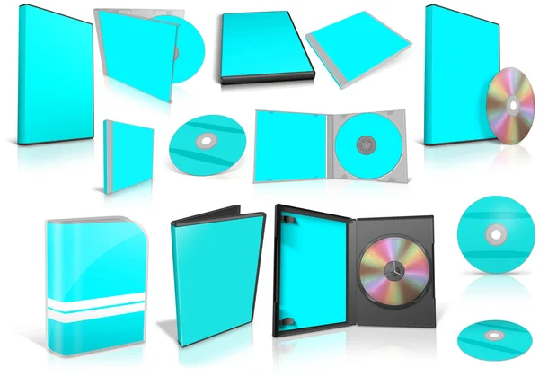 Cyan multimedia disks and boxes on white — Stock Photo, Image