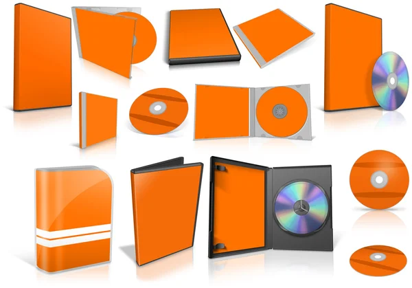 Orange multimedia disks and boxes on white — Stock Photo, Image